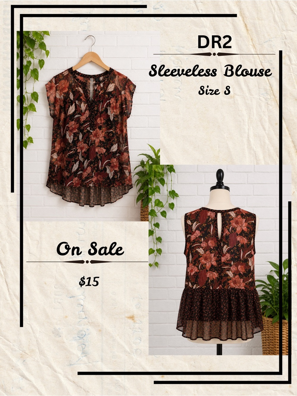 DR2 Floral Sheer Sleeveless Blouse in Rust and Brown